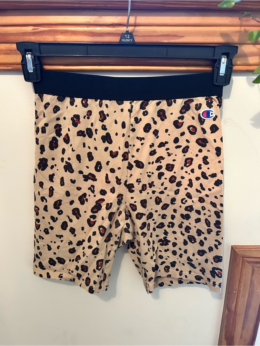 Champion Leopard-Pattern Athletic Shorts in Tan and Black